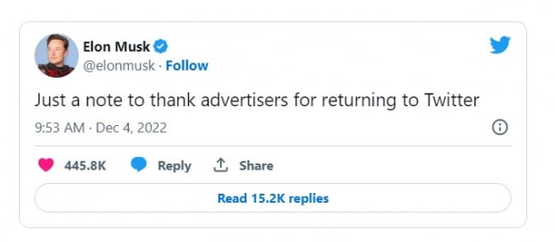 <트위터에 광고를 재개한 광고주들에게 감사를 표하는 일론 머스크 테슬라 CEO의 트윗>