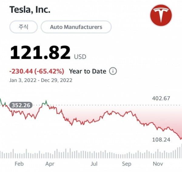 테슬라 올해 주가 추이 /사진=야후파이낸스