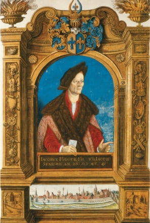 16세기 출판된 푸거 가문 연대기의 표지로 쓰인 초상화. 야코프 푸거의 위에는 가문 문장이, 아래에는 아우크스부르크의 풍경이 있다. /푸거라이 박물관