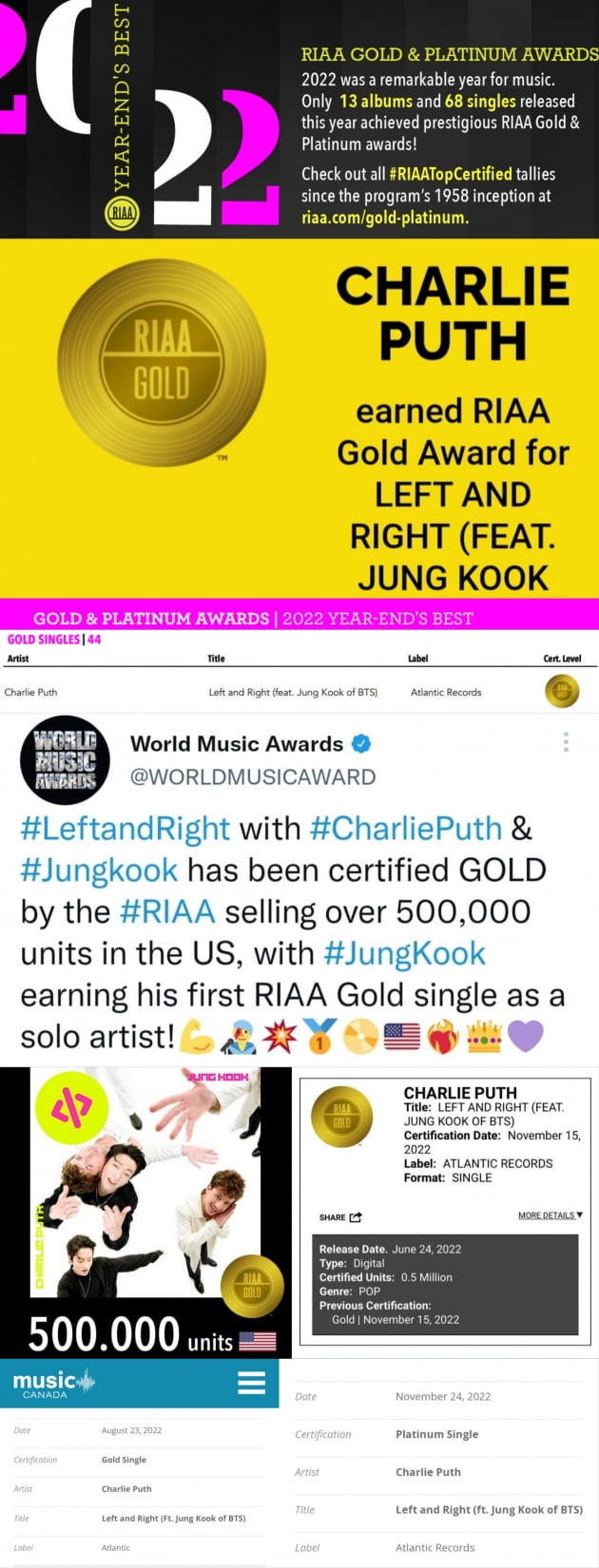 방탄소년단 정국 K팝 가수 '유일' 美'RIAA' 2022년 연말 베스트 골드 부문 수상