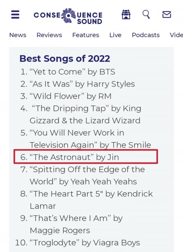방탄소년단 진 ‘The Astronaut’,  美저명 저널리스트가 선정한 2022 베스트 케이팝 송 