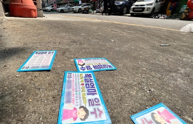 서울의 한 유흥가에 불법대부업 전단지가 흩뿌려져 있다. 사진=뉴스1