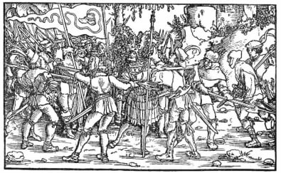 1525년 독일농민전쟁에서 농민군이 기사를 포위하고 있다.