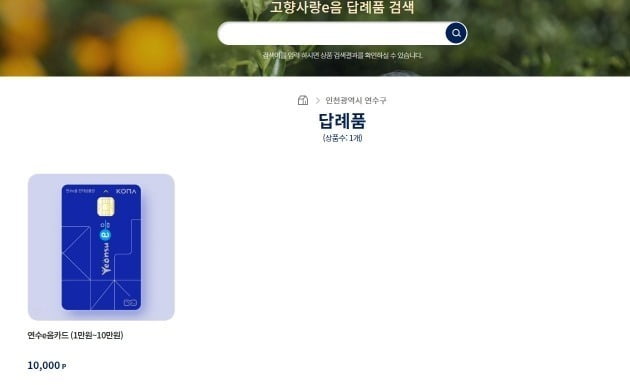 인천 연수구에 기부한 시민에게 제공하는 답례품 '연수e음카드'. 고향사랑기부제  홈페이지 캡처