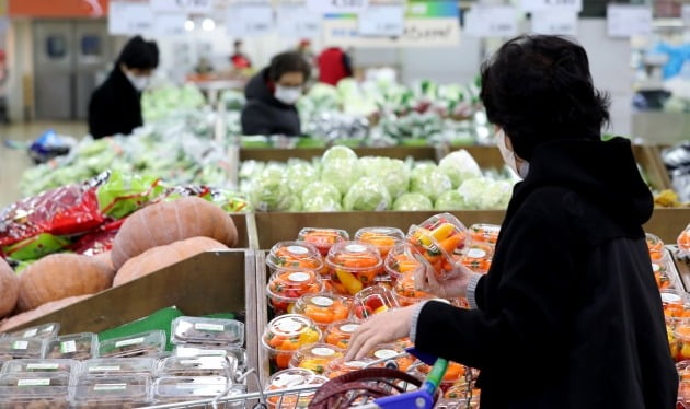 서울의 한 대형마트 채소매대에서 시민들이 농산물을 고르고 있다. 뉴스1