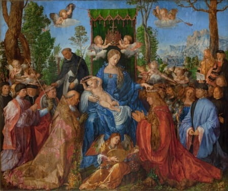 뒤러의 '장미 화관의 축제'(1506). 가로 192cm, 세로 161.5cm의 대작이다. 가운데는 성모 마리아와 아기 예수가 있고, 왼쪽에 있는 성직자는 교황인 율리오 2세, 오른쪽에 있는 남자는 막시밀리안 1세다.