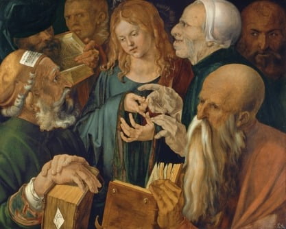 알브레히트 뒤러의 '학자들 사이의 그리스도'(1506). 어린 예수가 율법 교사들과 토론하는 성경 속 이야기를 담고 있다. 왼쪽 아래를 잘 보면...