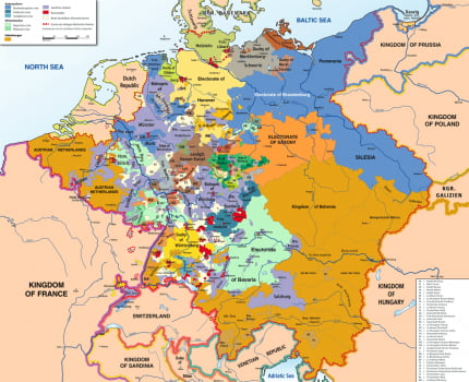1789년 독일과 그 주변의 지도. 수많은 세력들이 지금의 독일 영토를 차지하고 있다.