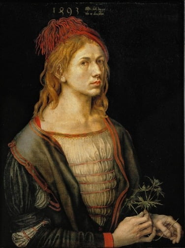 뒤러가 1493년 그린 서양미술사 최초의 본격적인 독립 자화상. 약혼녀에게 보내기 위해 그린 것으로 추정된다. 손에 들고 있는 풀은 엉겅퀴 풀로, '남자의 정절'을 의미한다. 프랑스 루브르박물관 소장