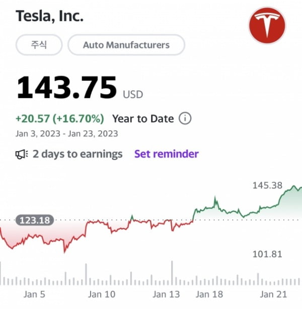 연초 이후 테슬라 주가 추이. /사진=야후파이낸스 