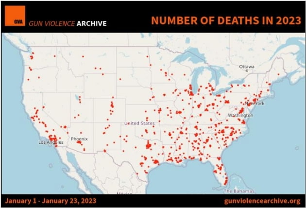 2023년 미국 총기사고 사망자 발생 현황 지도. /사진=연합뉴스 