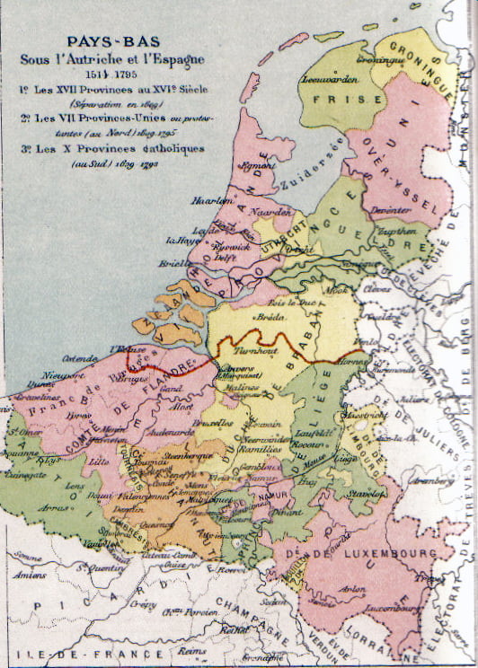 Even when it was ruled by the Habsburg family in the 16th century, the three Benelux countries were divided into pieces like this.  /'Atlas de géographie physique' by Alexis Marie-Gauchet.