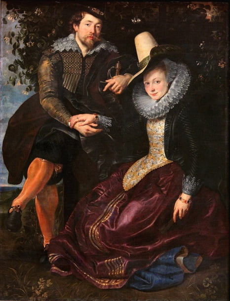 'Self-portrait with Isabella Brent in a Honeysuckle Grove' (1609-1610).  Honeysuckle's flower language is 'honey-tasting love', and it is a painting that symbolizes the beautiful love between Rubens and his wife during their newlywed days.  The two are holding hands.