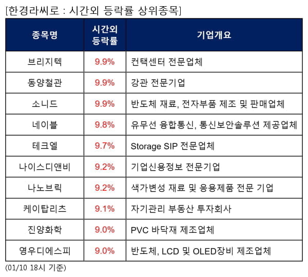 브리지텍,동양철관,소니드,네이블,테크엘,나이스디앤비,나노브릭,케이탑리츠,진양화학,영우디에스피