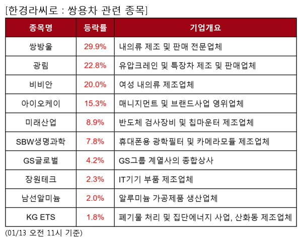 쌍방울,광림,비비안,아이오케이,미래산업,SBW생명과학,GS글로벌,장원테크,남선알미늄,KG ETS