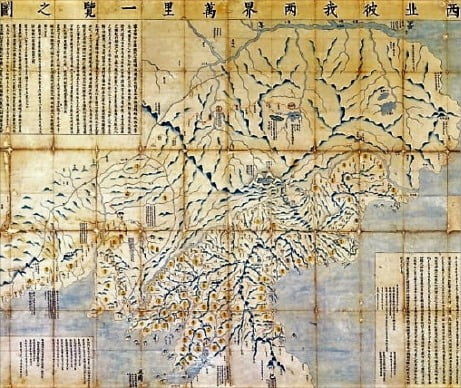 조선과 청나라의 경계를 그린 ‘서북피아양계일람지도’. 국경의 범위가 압록강 두만강을 잇는 선을 넘었다. /국립중앙도서관 소장 