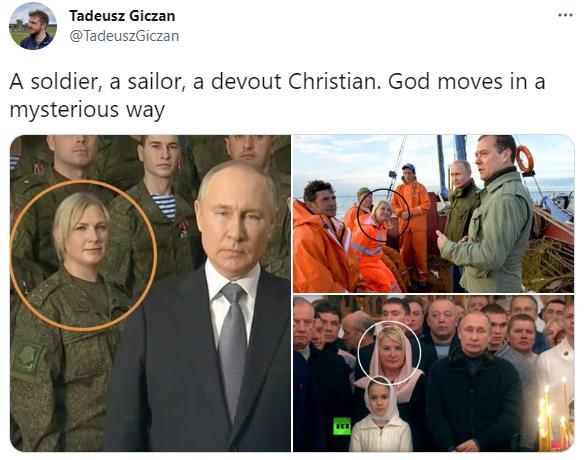 푸틴 사진 속 의문의 여성…군인·선원·신자 모두 한 사람?