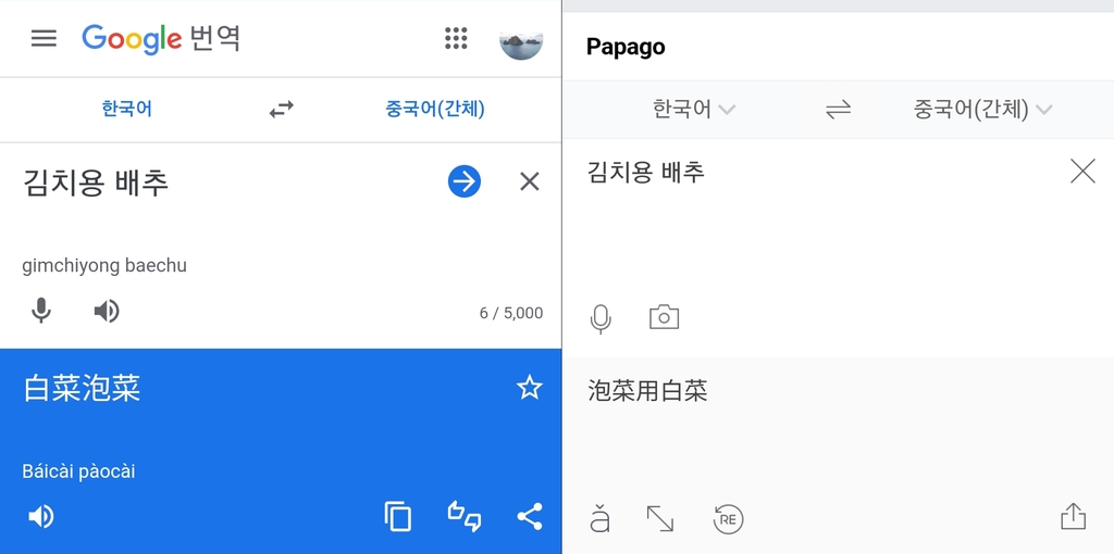 네이버·구글, '김치용 배추' 中번역 '신치' 아닌 '파오차이'