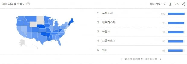 키워드 '닭 키우기' 를 구글에서 검색한 빈도를 나타낸 지도. 뉴햄프셔주에서 검색 빈도가 가장 많았다. 자료=구글트렌드