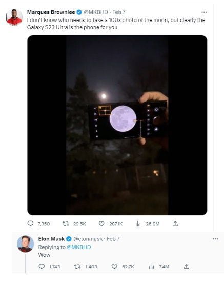일론 머스크, 갤럭시S23 울트라로 찍은 달 사진에 "와우"