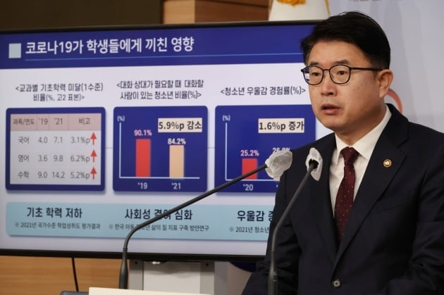 장상윤 교육부 차관이 10일 정부서울청사에서 2023년 새 학기 학교방역지침을 발표하고 있다. 연합뉴스
