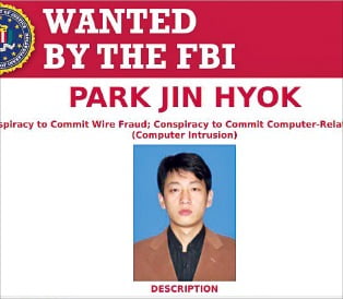 북한 해킹 조직 라자루스 그룹 소속의 박진혁에 대한 미국 연방수사국(FBI)의 수사전단. 박진혁은 2014년 미국 소니픽처스가 북한 풍자 영화인 '디 인터뷰'를 개봉하자 그 해 소니픽처스를 해킹한 것으로 알려졌다. 미 법무부는 소니픽처스 해킹과 2016년 방글라데시 중앙은행 해킹 등 혐의로 박진혁을 2018년에 기소했다. 미국 연방수사국(FBI) 제공