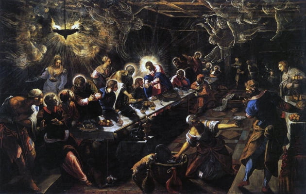 틴토레토의 대표작 중 하나로 꼽히는 '최후의 만찬'(1592~1594). 영화의 한 장면을 보는듯한 복잡하면서도 역동적인 구도, 극적인 빛의 효과가 인상적이다. 베네치아의 산 조르조 마조레 대성당에 소장돼 있다.