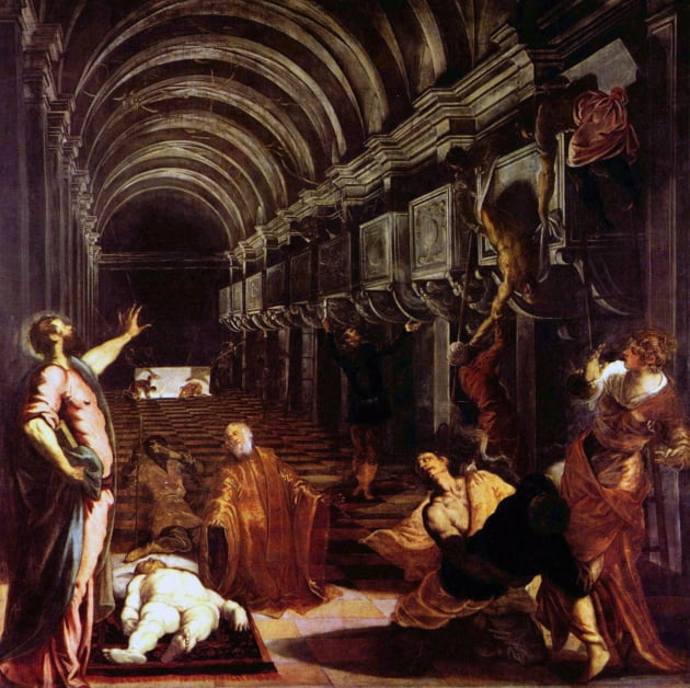 '성 마르코의 시신 발견'(1562~1566). 성인의 유해를 찾기 위해 무덤을 뒤지는 베네치아 상인들 앞에 성 마르코가 나타나 