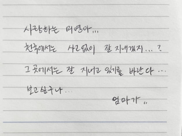 박남희 칠곡군 의원이 대구 지하철 참사로 하늘로 간 딸에게 보내는 편지. /사진=칠곡군 제공, 연합뉴스