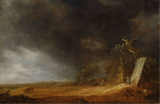 얀 반 호이엔의 '폭풍'(1637). 투자가 크게 실패한 해에 그린 그림이다. 그림 오른쪽 아래에 있는 농부 한 명이 검게 물들어가는 하늘을 바라보고 있다. 화가의 속도 이렇게 까맣게 타들어가지 않았을까. 미묘하고 부드러운 색감 표현이 특징이다.