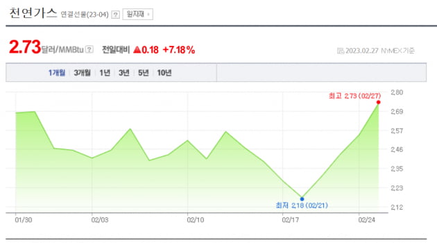 최근 1개월 간 미국 천연가스 선물 시세./사진=포털 증권 홈페이지 캡처