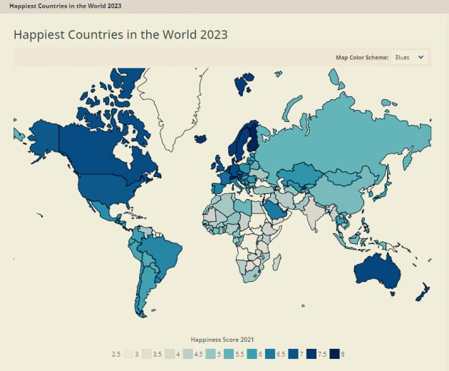 세계행복지수 월드맵, 색이 짙을 수록 행복지수가 높다. 유럽과 미국,캐나다가 높다. / worldpopulationreview