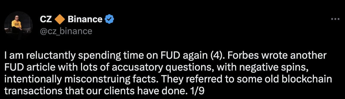 CZ "포브스 기사는 FUD…기본 원리 이해하지 못한 듯"