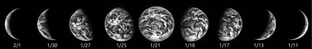 한국 최초 달 탐사선 다누리가 고해상도 카메라로 하루 한 번씩 한 달간 촬영한 지구의 모습. 사진을 찍는 시기에 따라 위상 변화가 뚜렷했다. 항우연 제공 