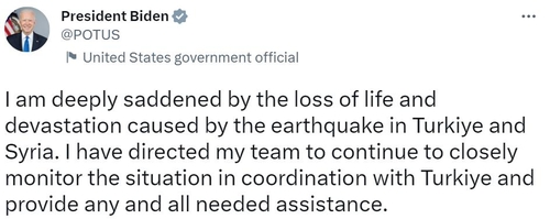[튀르키예 강진] 바이든 "깊은 애도"…블링컨 "초기 지원 진행중"(종합)