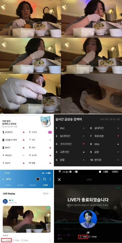 방탄소년단 정국 '치킨 먹방' 실시간 시청자 1000만명 돌파→배달앱 실검 1위
