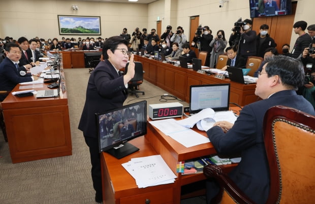 국민의힘 임이자 의원이 21일 국회 환경노동위원회 전체회의에서 전해철 위원장에게 의사진행 발언을 요청하고 있다. 사진=연합뉴스