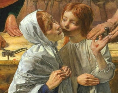 그림 세부. 손바닥에 난 상처는 훗날 예수의 고난을 상징한다. 어머니 마리아는 소년 예수의 상처를 보고 걱정이 가득하다. 잘 그렸지만 처음 발표했을 땐 "불경하다"는 비판이 쏟아졌다.
