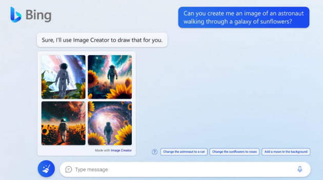 마이크로소프트가 21일(현지시간) 이미지 생성 인공지능(AI)인 'DALL-E'를 검색엔진 빙에 탑재했다. 빙에 원하는 이미지를 입력하자 그에 맞는 이미지 4장을 보여줬다.       마이크로소프트