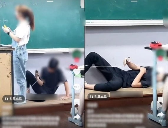 지난해 8월 충남 홍성의 한 중학교 수업 시간에 촬영된 영상 캡쳐. 교사가 수업을 진행하고 있지만, 한 학생이 휴대폰을 충전하며 누워있다. 뉴스1
