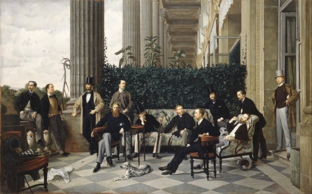 'The Circle of the Rue Royale'(1868). 파리의 클럽 회원들을 그린 그룹 초상화다. 그림에서 볼 수 있듯 티소는 남성복 묘사에도 능했다. 당시 파리의 상류 사회에서 옷과 장신구는 그들의 사회적 지위를 나타내는 표시였고, 이들 역시 티소에게 모든 세부 사항을 다 그리라고 주문한 것으로 추정된다. /오르셰미술관 소장