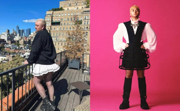 성별 구분이 없는 패션을 뜻하는 '젠더리스 룩'을 입은 팝 가수 샘 스미스(왼쪽)와 그를 오마주한 개그맨 황제성(오른쪽). /사진 출처=GQ