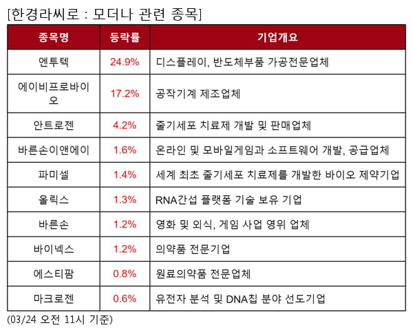 엔투텍,에이비프로바이오,안트로젠,바른손이앤에이,파미셀,올릭스,바른손,바이넥스,에스티팜,마크로젠