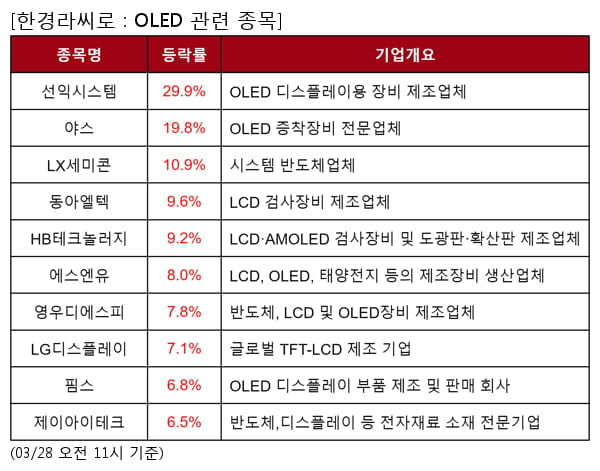 OLED 관련 종목 강세... 평균 11.5% 상승