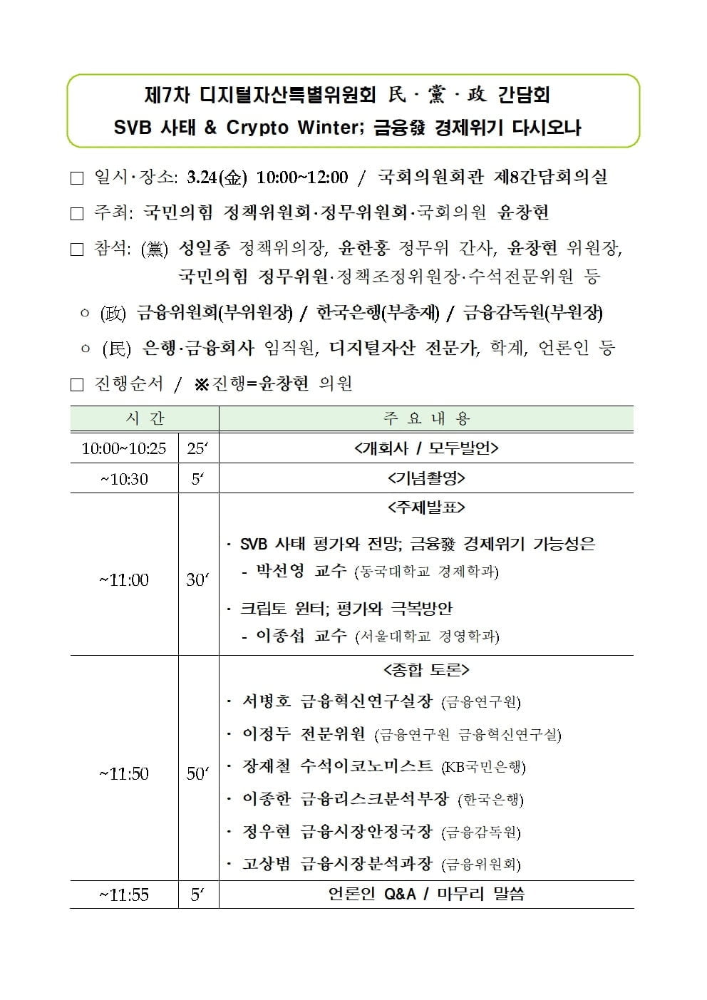국힘, 24일 제7차 민당정 간담회 개최…SVB 사태·크립토윈터 논의한다