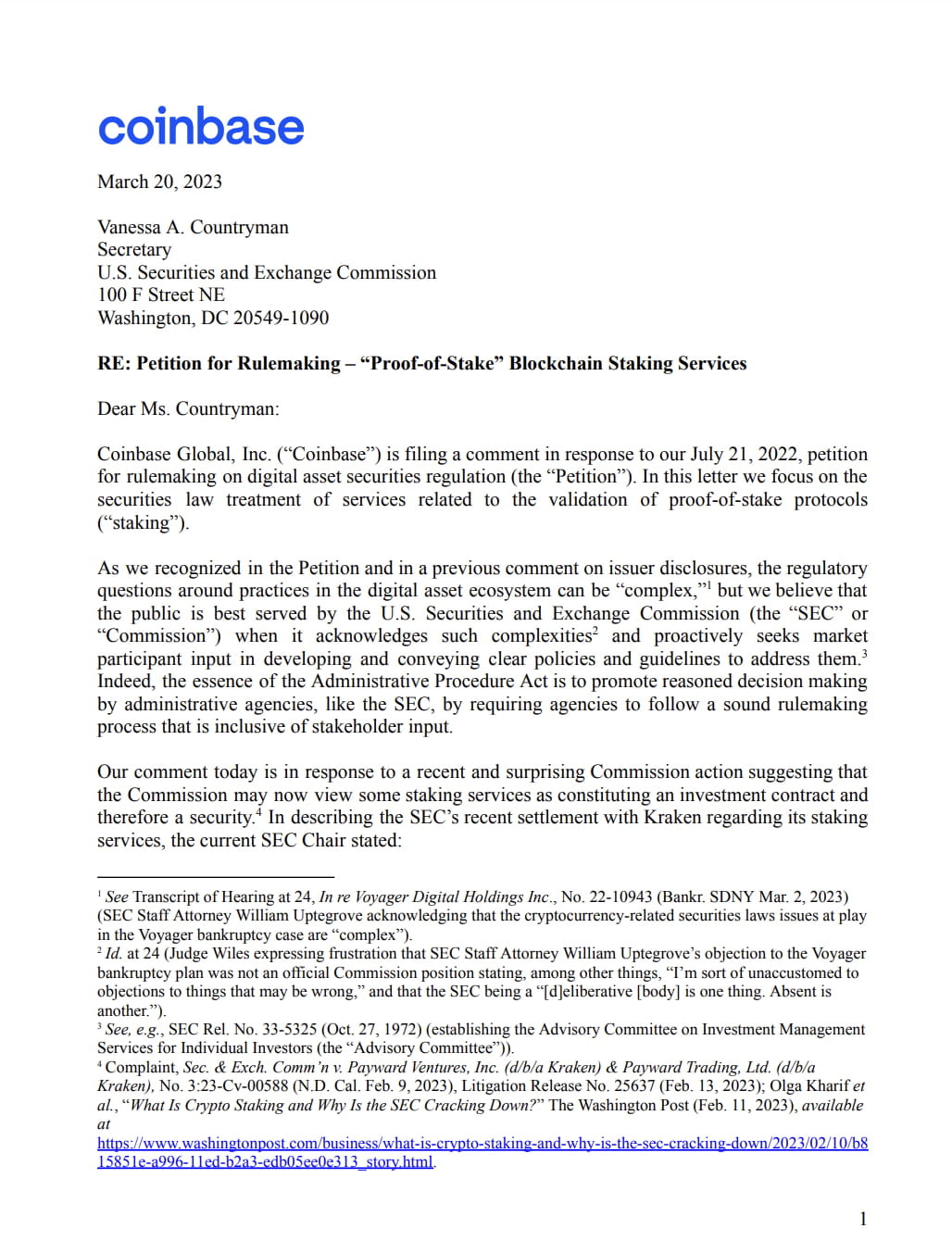 코인베이스, SEC에 의견서 제출…"스테이킹은 증권이 아냐"
