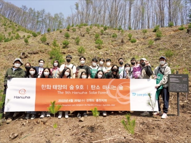 한화그룹 직원들이 ‘한화 태양의 숲’ 9호 조성 행사 후 기념사진을 찍고 있다. /한화그룹 제공
 