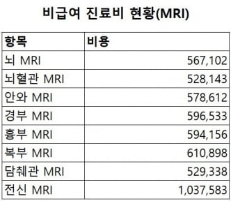 자료 : 건강보험심사평가원 ※단위 : 원, 서울 소재 종합병원 기준 평균 금액.
