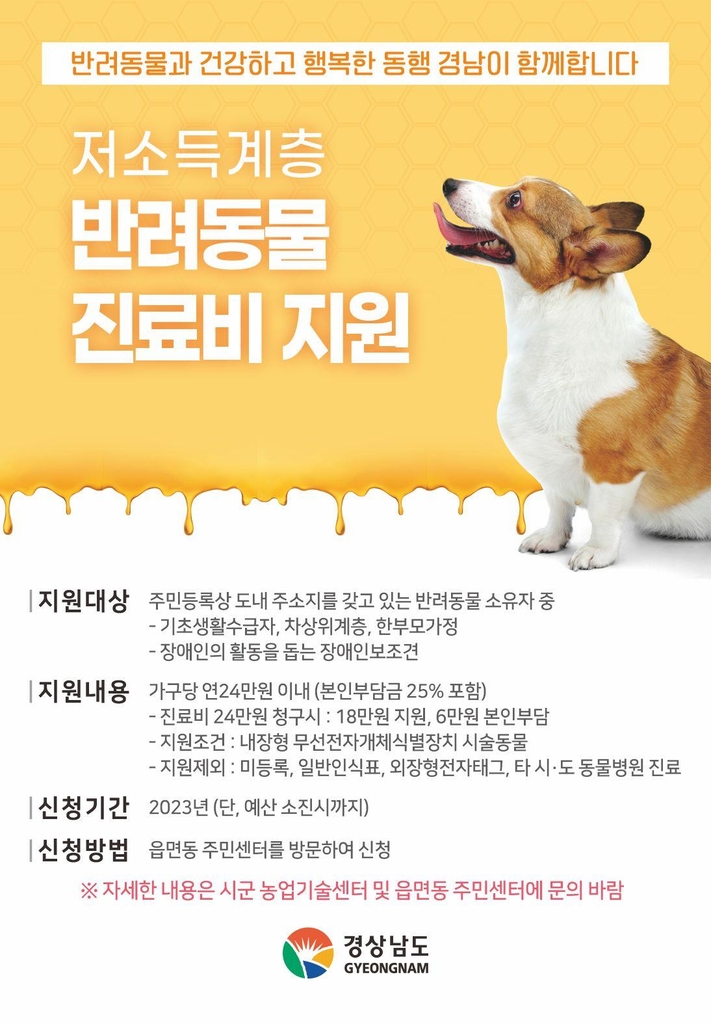 경남도, 저소득계층 반려동물 진료비 지원…가구당 연간 24만원