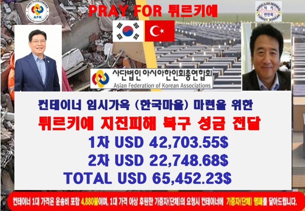 아시아한인회·한상총연합회, 튀르키예 성금 6만5천달러 전달